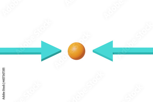 Two arrows pointing to a sphere in the middle. Concept for working all together.