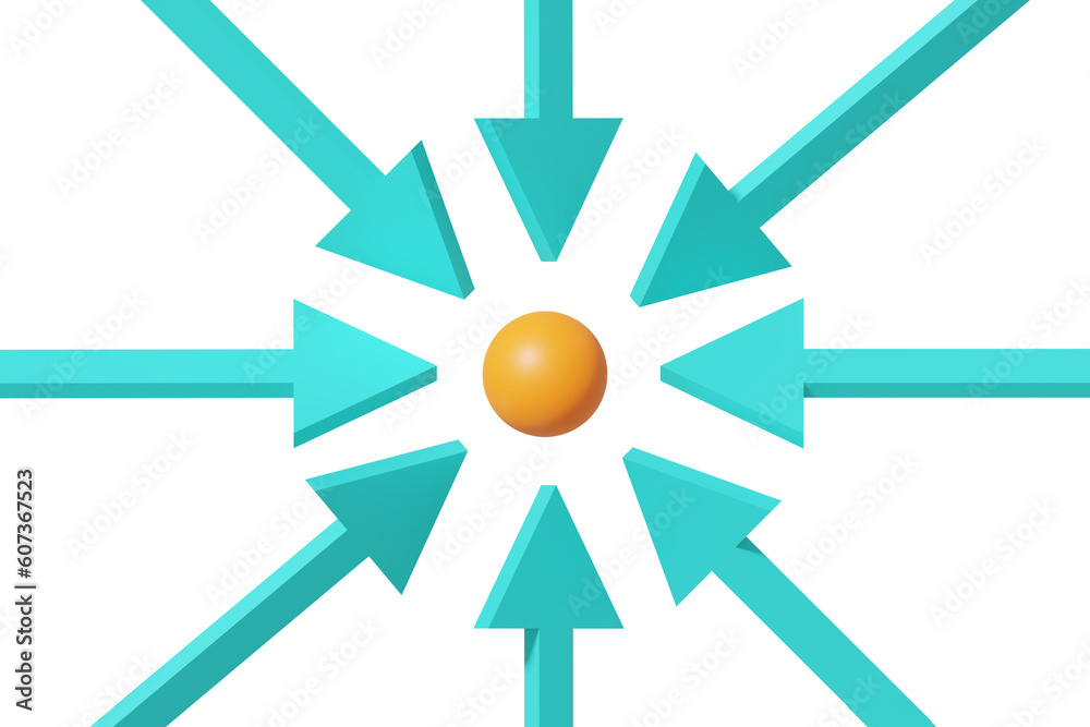 Multiple arrows pointing to a sphere in the middle. Concept for working all together. Multiple arrows pointing to a sphere in the middle. Concept for working all together.