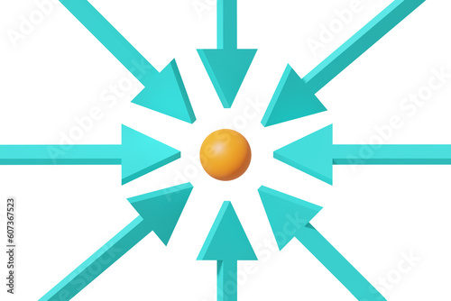 Multiple arrows pointing to a sphere in the middle. Concept for working all together.