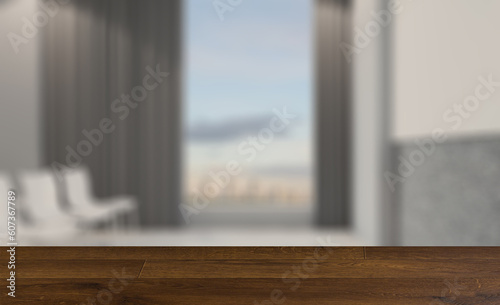 Elegant office interior. Mixed media. 3D rendering.. Background with empty wooden table. Flooring.