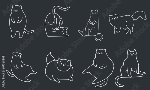 Vector collection of linear cats. Cute black and white cats. 