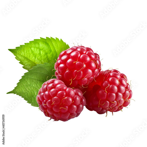 Ripe red raspberry with leaf isolated PNG transparent background generated by ai ,clipping path, png file