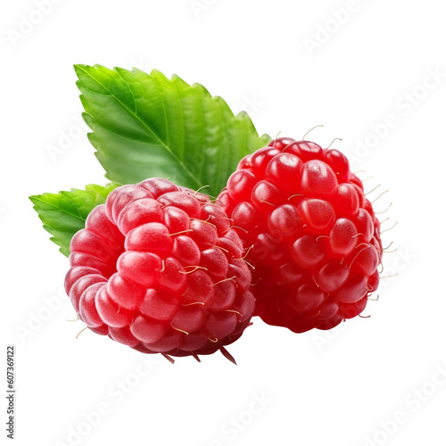 Ripe red raspberry with leaf isolated PNG transparent background generated by ai ,clipping path, png file