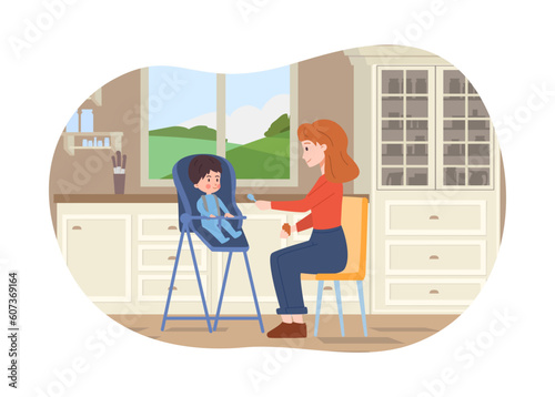 Vector isolated illustration of Nanny or mother feeding baby sitting in children's table in the kitchen room, Babysitter services