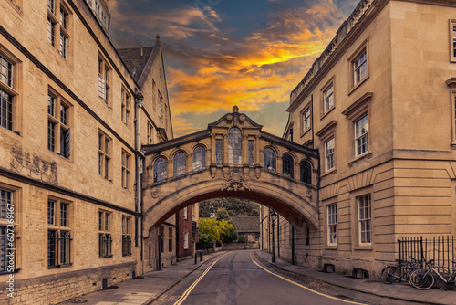 The Bridge of Sighs or Hertford Bridge at sunset, is between Hertford College university buildings in New College Lane street, in Oxford, Oxfordshire, England photo