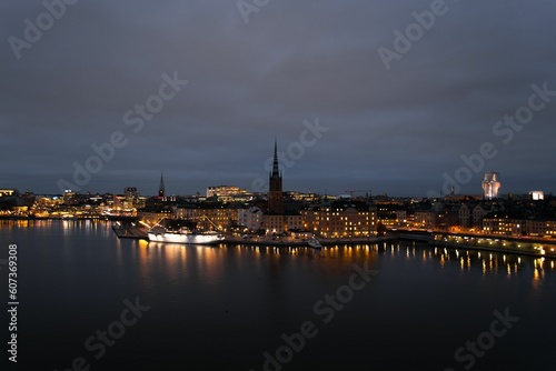 Photography Aerial cityscape of Riddarholmen Islet in Stockholm at night