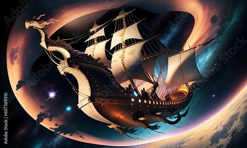 Viking Dragonship in Space: Majestic vessel soars in interstellar journey. photo