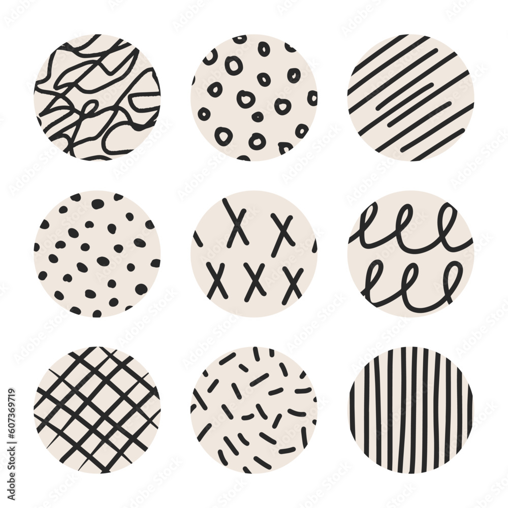 Set round aesthetic story highlight cover. Hand drawn doodle abstract shapes. Trendy boho covers social media stories for bloggers in contemporary style. Vector illustration