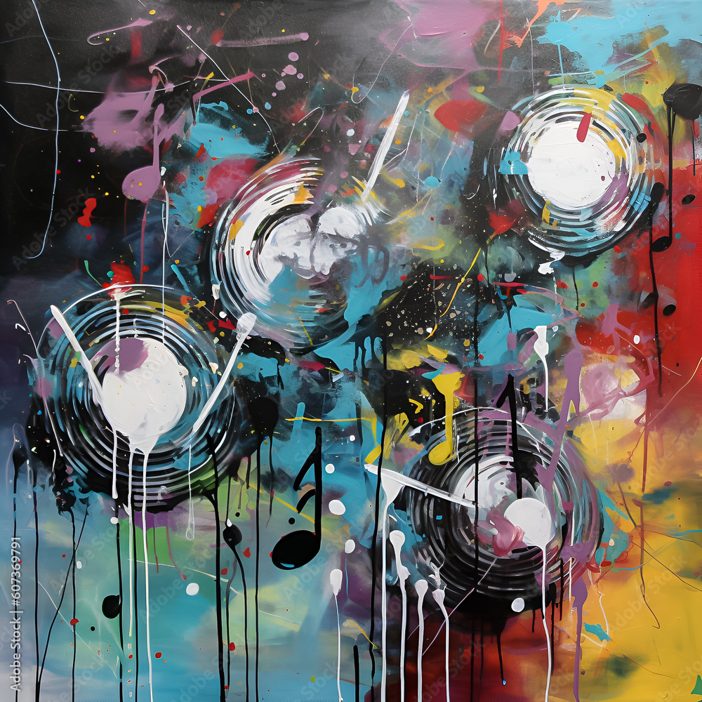 Abstract music art with vinyl records and vivid splashes of paint.