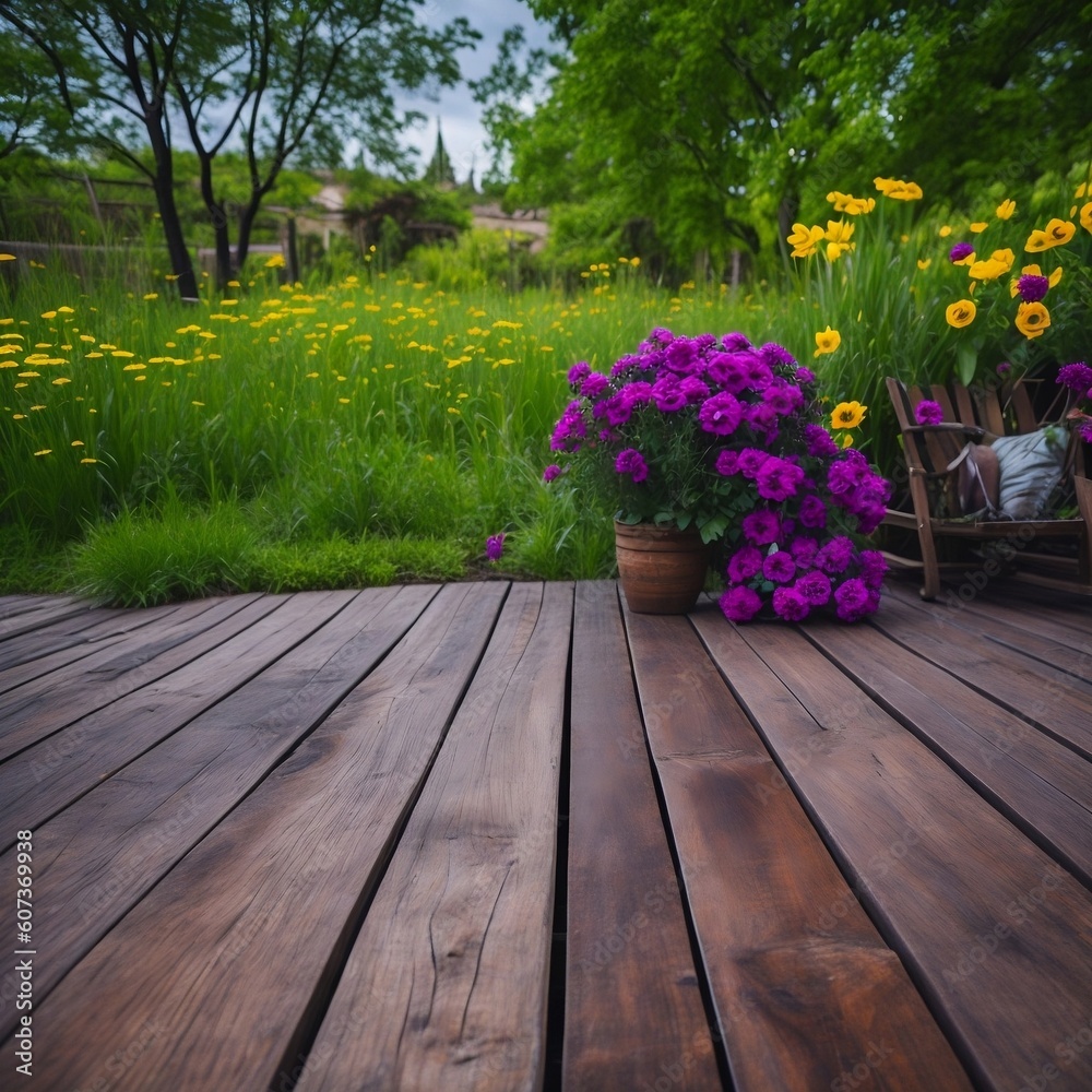 Beautiful flowers on a wooden background, A Wooden flooring against beautiful flowers garden. Generative AI