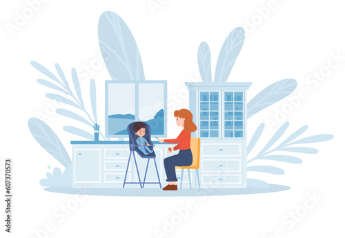 Nanny feeding baby in high chair, childcare concept - flat vector illustration isolated on white background.
