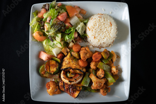 Grilled vegetables with rice and salad