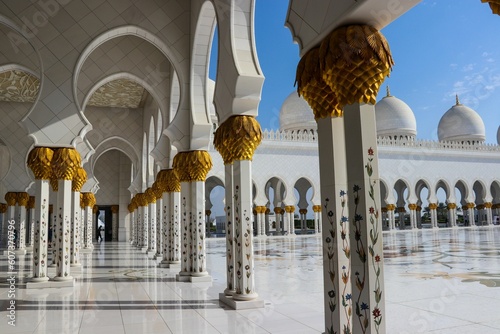 Beautiful view of the Sheikh Zayed Mosque with golden patterns