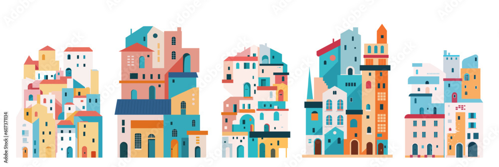 Colorful cluster of narrow tall cartoon houses. Flat style, minimalistic. Vertical Orientation. Vector illustration set for covers, prints, posters