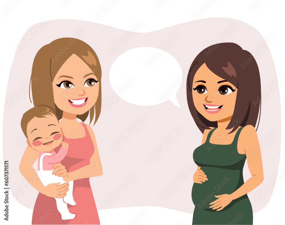 Vector illustration of two women talking about babies. Young woman learning about infant care from a mother friend with baby sharing advice about maternity