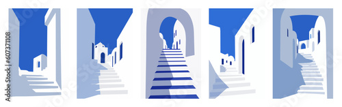 Street view of Traditional Santorini Greece architecture, white houses, arcs, stairs. Flat style, minimalistic. Vertical Orientation. Vector illustration set for covers, prints, posters