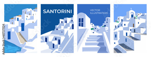 Street view of Traditional Santorini Greece architecture, white houses, arcs, stairs. Flat style, minimalistic. Vertical Orientation. Vector illustration set for covers, prints, posters photo