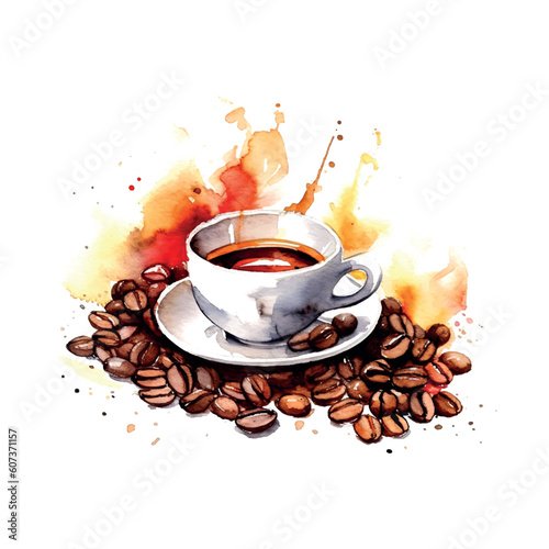 Black coffee mug watercolor in retro style on white background. Shop poster design. Sketch drawing. Sweet food.