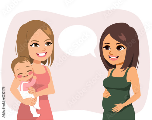 Vector illustration of two women talking about babies. Young woman learning about infant care from a mother friend with baby sharing advice about maternity