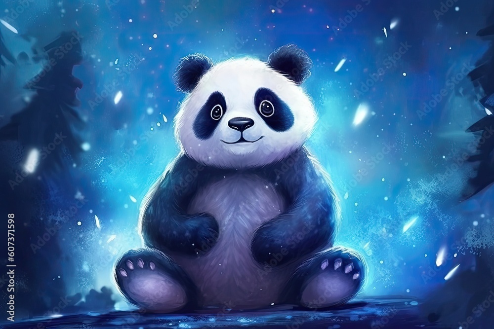 panda sitting under a starry night sky. dark blues and purples for the sky, the panda with a subtle, dream-like effect. twinkling stars and a crescent moon to create a magical atmosphere panda sitting under a starry night sky. dark blues and purples for the sky, the panda with a subtle, dream-like effect. twinkling stars and a crescent moon to create a magical atmosphere