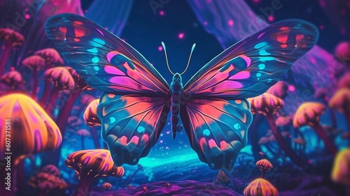 Psychedelic trippy butterfly cartoon 70s, rave style, acid color. Retrowave concept. Ai Generative