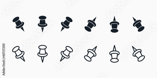 Black push pin icon set in different directions. Pin for fastening filled and linear vector icons. 