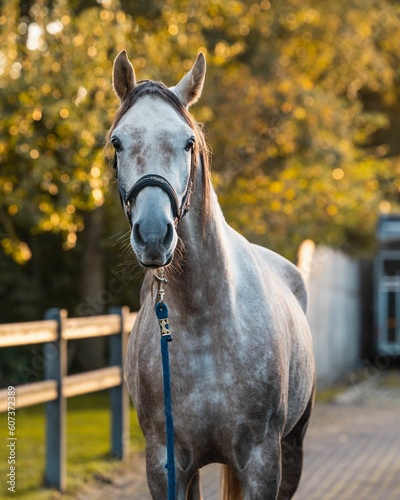 Gray Arabian horse in a dark halter posing outdoors photo