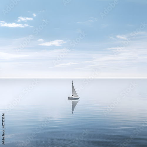 Tranquil Seascape with a Lone Sailboat Drifting Peacefully, Generative Ai