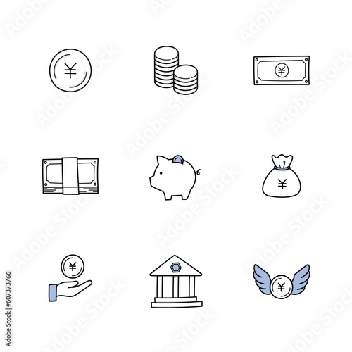 手描きアイコンセット｜お金・硬貨・紙幣・貯金・金融・銀行