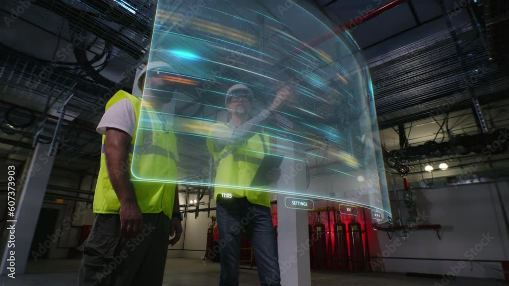 Two male employees in VR headsets at station watch details of virtual wind turbine and electricity lines using 3D hologram. Modern and digital electric generation system. Green and renewable energy.