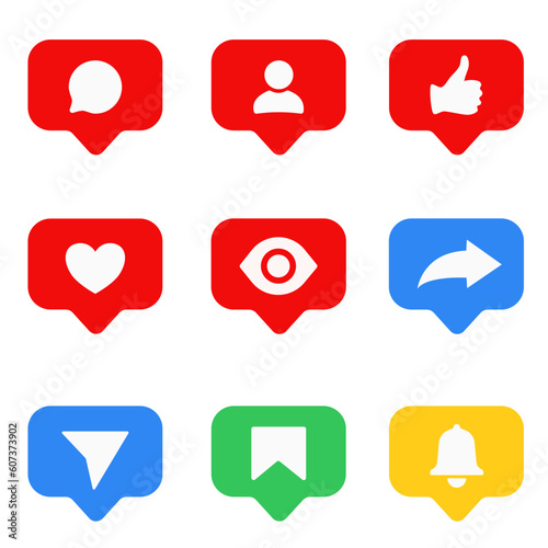 Set of social media notification icons. Comment, user, like, thumb up, heart, views, repost, share, save, notification, friend, send message. Speech bubble. Vector illustration. Isolated on white back