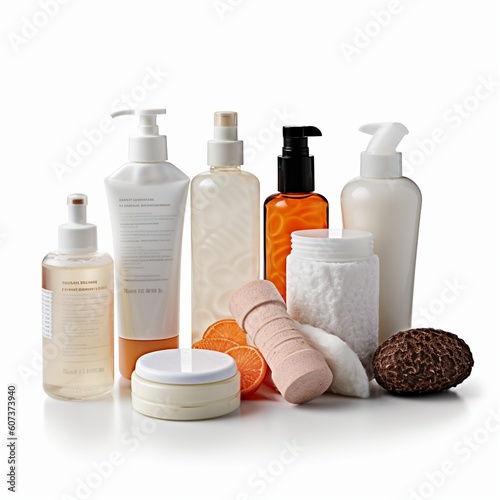 some necessities for bathing in white background created with Generative AI