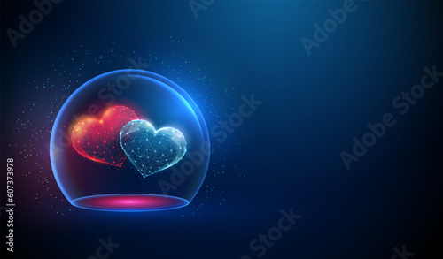 Abstract blue glass dome with red and blue hearts inside