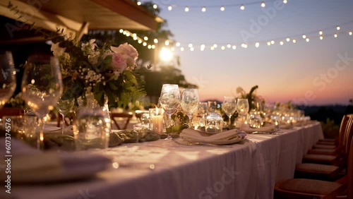 Close up decoration flowers candles Boho style. Romantic wedding reception party outdoor. photo