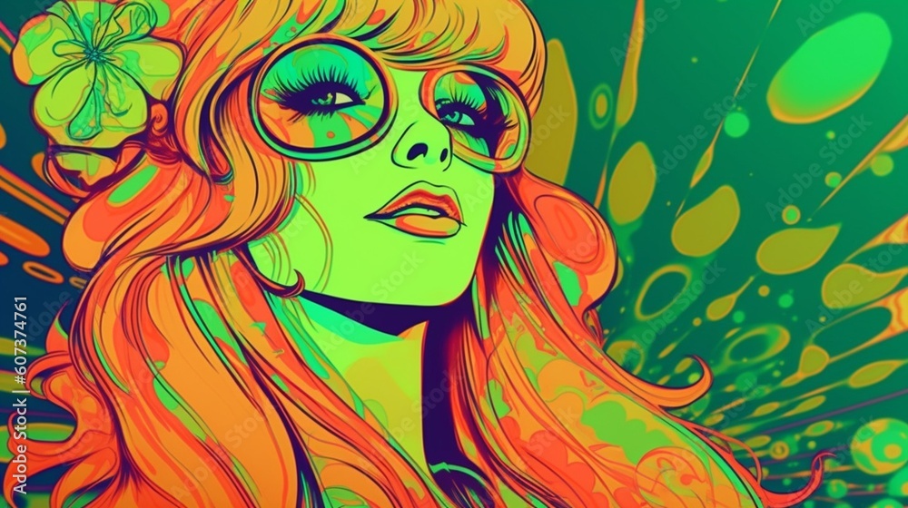 Psychedelic trippy girl cartoon 70s, rave style, acid color. Retrowave concept. Ai Generative