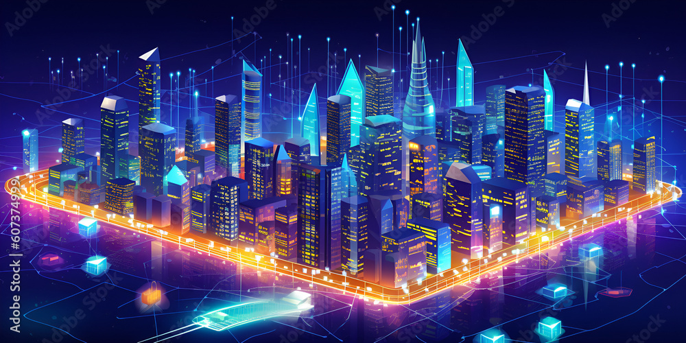 Smart city and wireless communication network concept abstract line connection on night city background