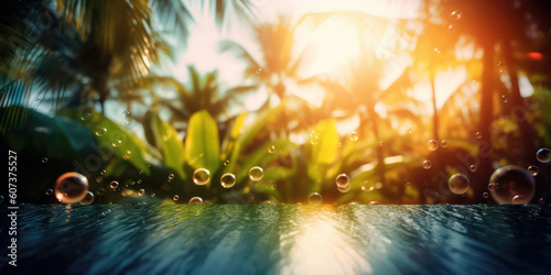 Tropical landscape with pool and palm trees in the sunlight, sunshine water drops, blurred summer tropical nature background. Generative ai illustration © maxa0109