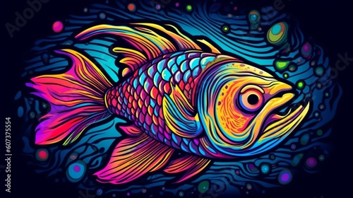 Psychedelic trippy fish cartoon 70s, rave style, acid color. Retrowave concept. Ai Generative