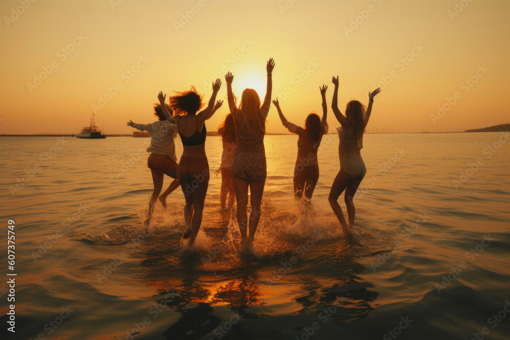 Fototapeta premium Oceanic Bliss: Women Exuberantly Jumping at Sunset. Generative AI