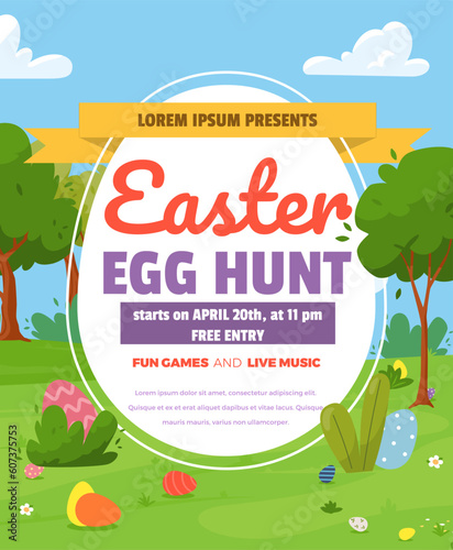 Vector banner, illustration of spring lawn with traditional colored easter eggs scattered on it, in the center is large egg with text