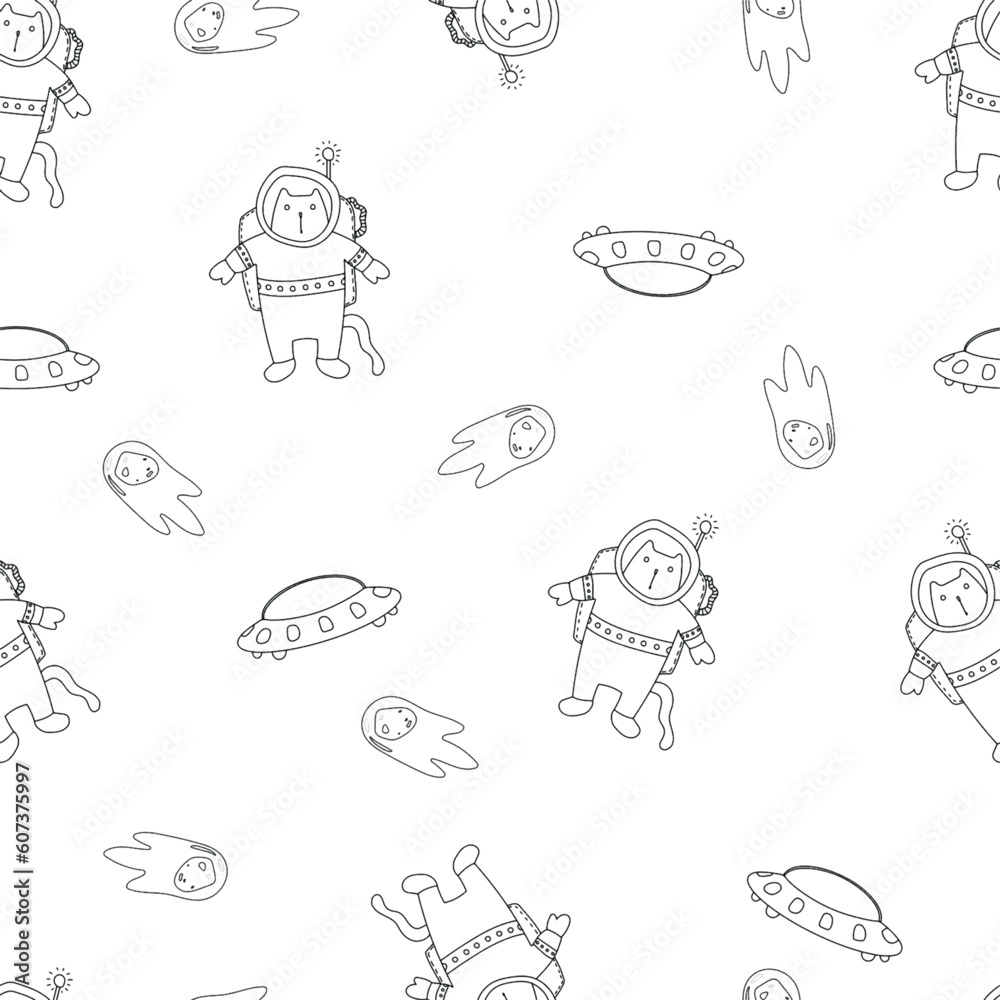 Space Seamless Pattern in childish hand-drawn style. vector seamless pattern with rocket, planets, shooting star,comets, etc.