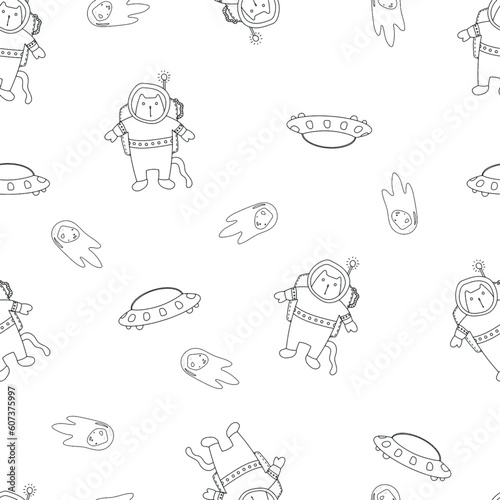 Space Seamless Pattern in childish hand-drawn style. vector seamless pattern with rocket  planets  shooting star comets  etc.