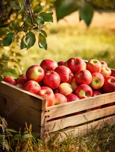 Organic red apples in a wooden box on the field. Space for text  mockup  Generative AI 