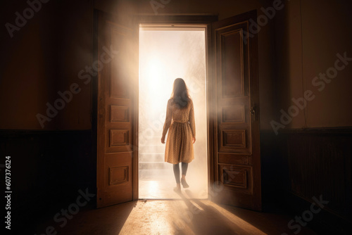 Woman walking towards an open door that leads to a bright and radiant light. Generative AI