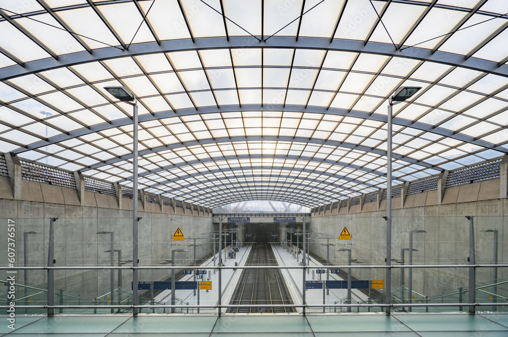 Cologne, Germany - 27. January 2023: Interioer of the modern Trainstation of the Airport Cologne and Bonn