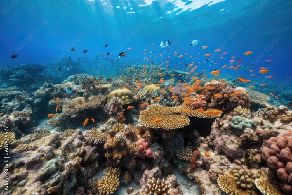 Fototapeta premium coral reef with schools of colorful fish swimming among the corals and marine life, created with generative ai
