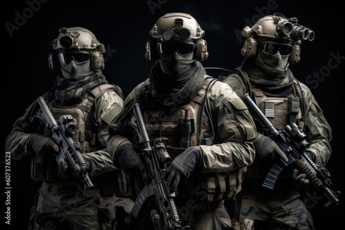 Three soldiers in full combat gear, wearing masked faces and carrying guns. Generative AI