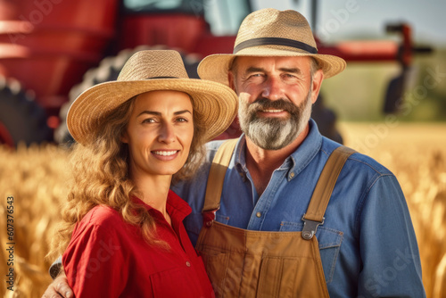 A portrait of a happy smiling adult couple of local farmers standing against the backdrop of a wheat field with a red tractor are preparing for the harvest. Concept of rural life. Generative AI © Garnar