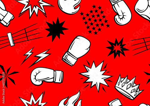Pattern with boxing items. Box club illustration. Sport background in cartoon style.