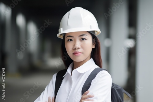 woman helmet engineer portrait business asian job smile industry industrial female. Generative AI.